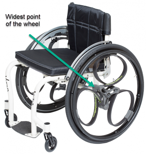 Widest point on a loopwheel for wheelchairs